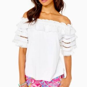 Lilly Pulitzer Brentwood Off Shoulder With Straps Top White Eyelet Women size S